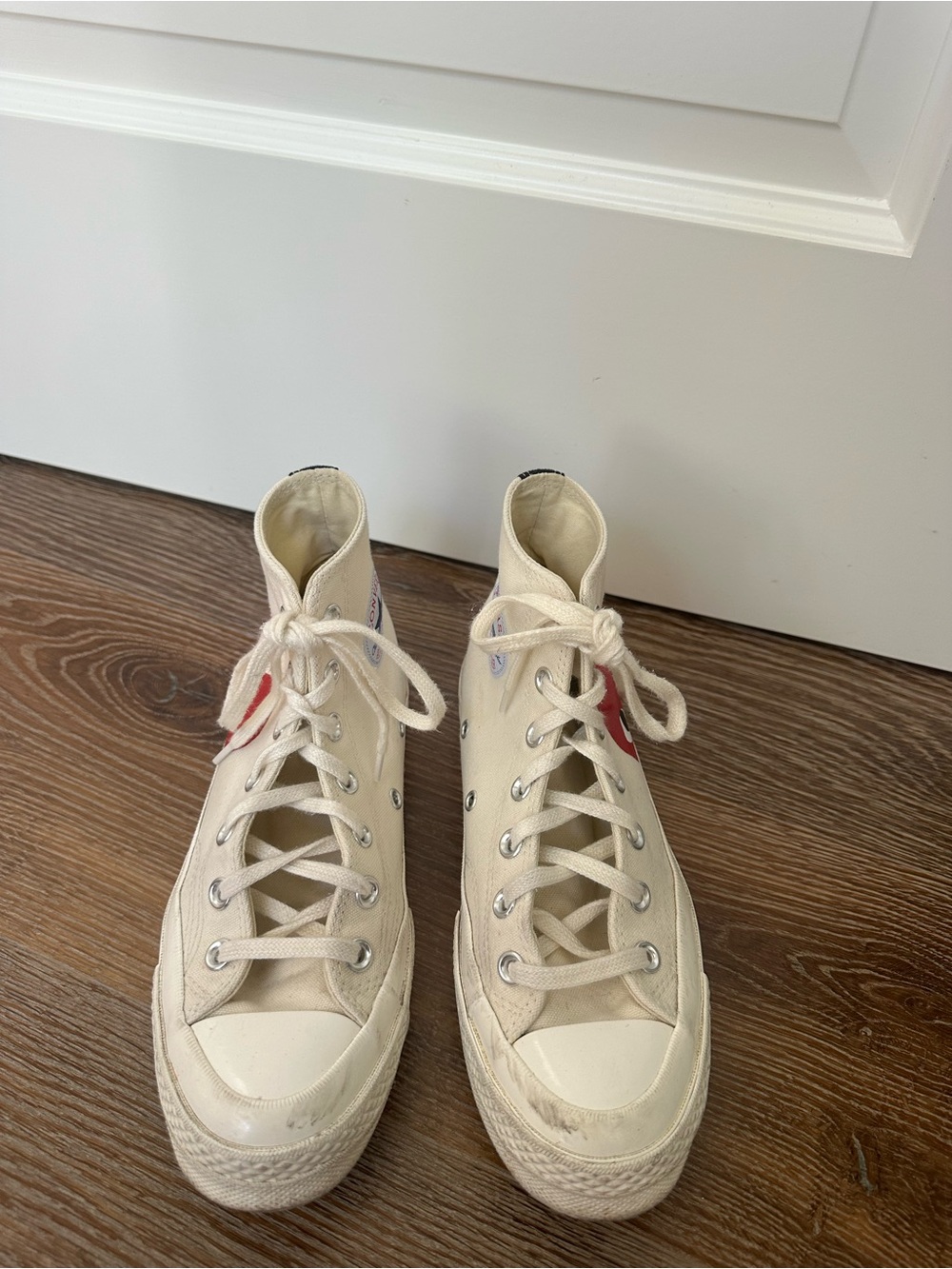 Comme des Garcons PLAY Cream High-Top Canvas Sneaker with Red Heart Logo - Picture 5 of 8